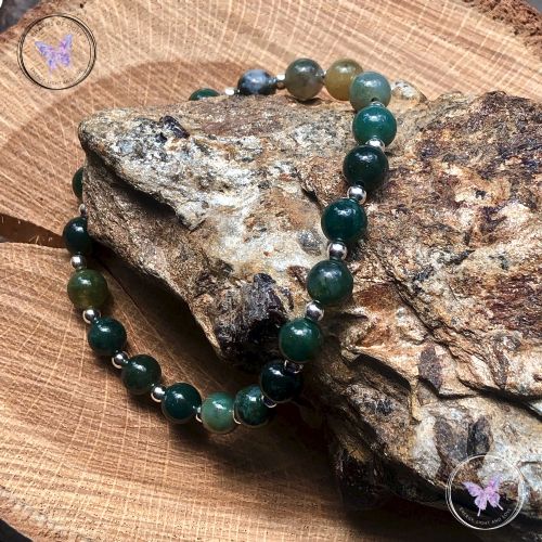 Moss Agate Silver Bead Bracelet